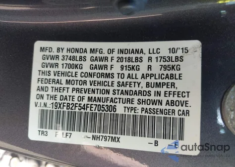 2015 Honda Civic Lx из США, поврежденный, VIN 19XFB2F54FE705306